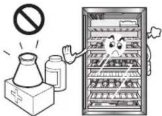 Illustration of a chemical reaction showing a bottle, a test tube, and a refrigerator with a cartoon character holding a test tube.