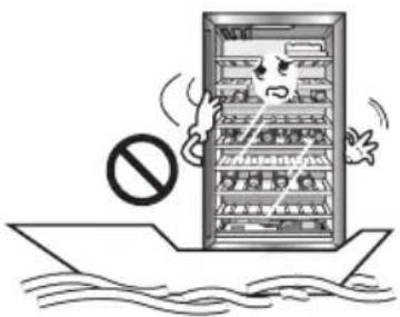 Illustration of a vending machine with a prohibition symbol and floating debris, depicting water pollution or environmental hazard.