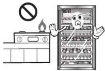 Safety warning illustration showing a fire extinguisher next to a refrigerator with a distressed face and smoke.