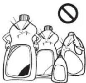 Illustration of three labeled chemical containers with a prohibition symbol above them, likely indicating hazardous substances or solutions.