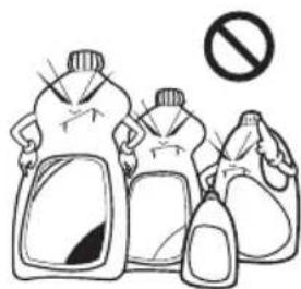 Illustration of three labeled plastic containers with a prohibition symbol above them, likely indicating hazardous or hazardous items.