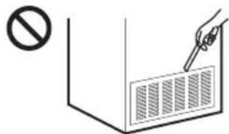 Diagram showing a hand holding a pen above a container with striped pattern, accompanied by a prohibition symbol.