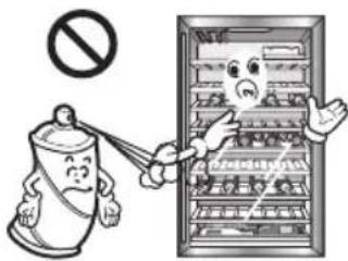 Cartoon illustration showing a spray can labeled 'No' and a refrigerator with a warning sign, indicating no chemical hazard.