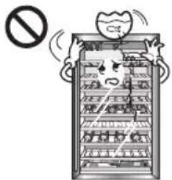 Safety warning illustration showing a device with a 'No' symbol and a person holding a container, indicating no hazard or absence of any listed items.