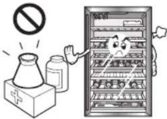 Illustration showing a hospital refrigerator with a 'no alcohol' symbol and a cartoon character holding a bottle, likely depicting food safety or disinfection.