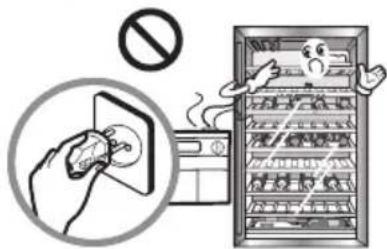 Safety warning illustration showing a hand using a power switch to clean air from an electric refrigerator, with no text or symbols present.