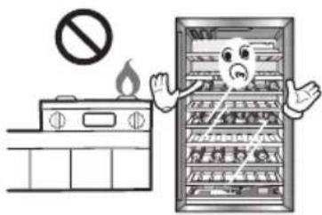 Cartoon illustration showing a fire extinguisher next to an oven with a 'no sign' symbol, indicating no fire extinguisher.