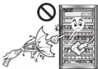 Cartoon illustration showing a person breaking through a refrigerator with a prohibition symbol above, indicating no chemical hazard.