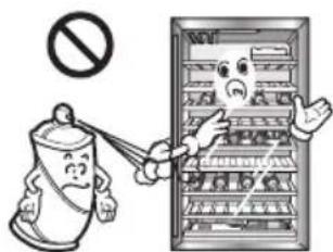 Cartoon illustration showing a bottle character holding a 'no alcohol' sign next to an refrigerator with food items, implying a chemical or beverage safety concept.