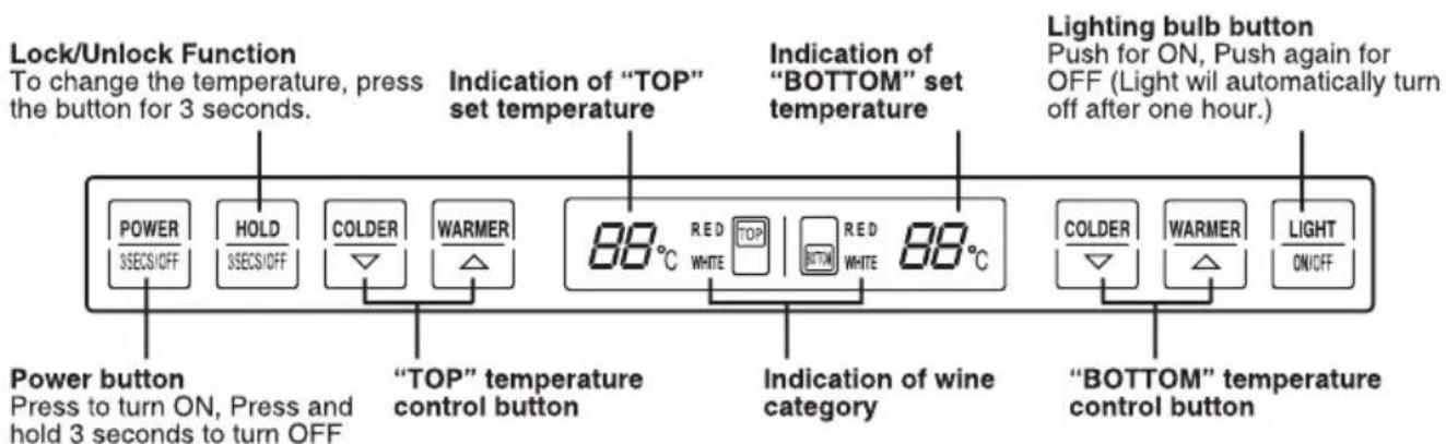 Lock/Unlock Function To change the temperature, press the button for 3 seconds. Indication of "TOP" set temperature Indication of "BOTTOM" set temperature Lighting bulb button Push for ON, Push again for OFF (Light wil automatically turn off after one hour.) POWER SSECS/OFF HOLD SSECS/OFF COLDER WARMER 88°C RED WHITE RED WHITE 88°C Power button Press to turn ON, Press and hold 3 seconds to turn OFF "TOP" temperature control button Indication of wine category "COLDER WARMER LIGHT ON/OFF "BOTTOM" temperature control button