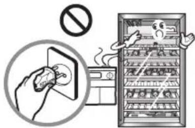 Safety warning illustration showing a hand using a power switch to clean air from a refrigerator, with no text or symbols present.