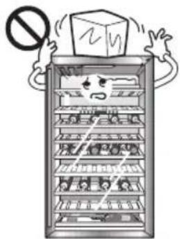 Illustration of a refrigerator with a prohibition sign, showing food items inside and a box above the refrigerator.