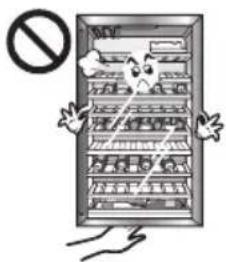 Cartoon illustration of a refrigerator with a 'No' symbol and hands holding the refrigerator, featuring a cartoon character inside.