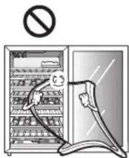 Illustration of a refrigerator with a hand holding a bag, showing a prohibition symbol above the refrigerator.