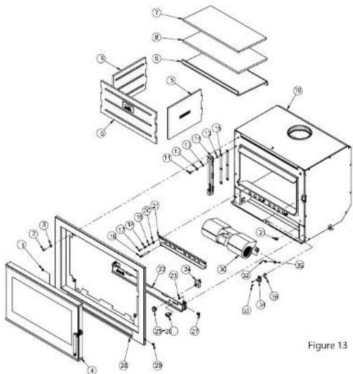 Exploded view diagram of a microwave oven with numbered components for identification