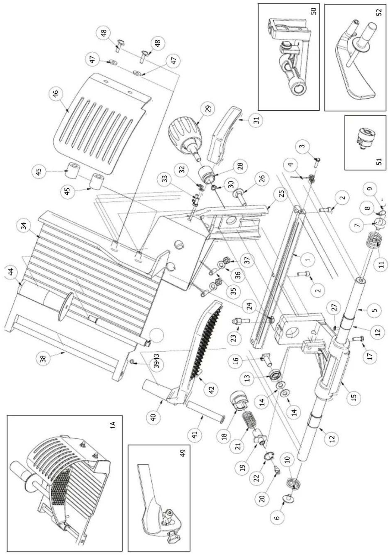 Technical diagram of a mechanical device with numbered components and exploded views, including parts like fan, gear, and housing.