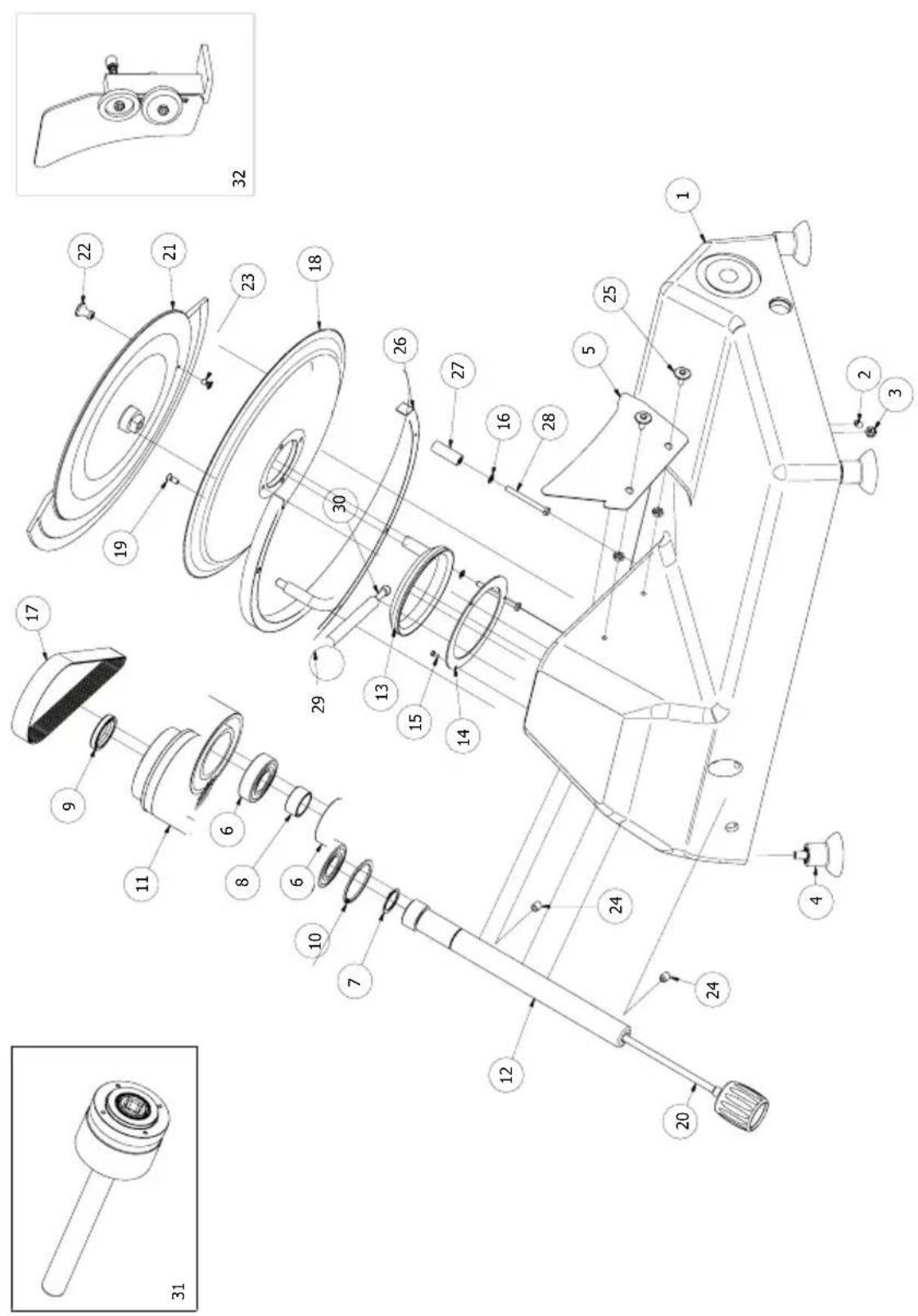 Technical diagram of a mechanical device with numbered components and exploded view, including a magnified inset of the top-left corner.