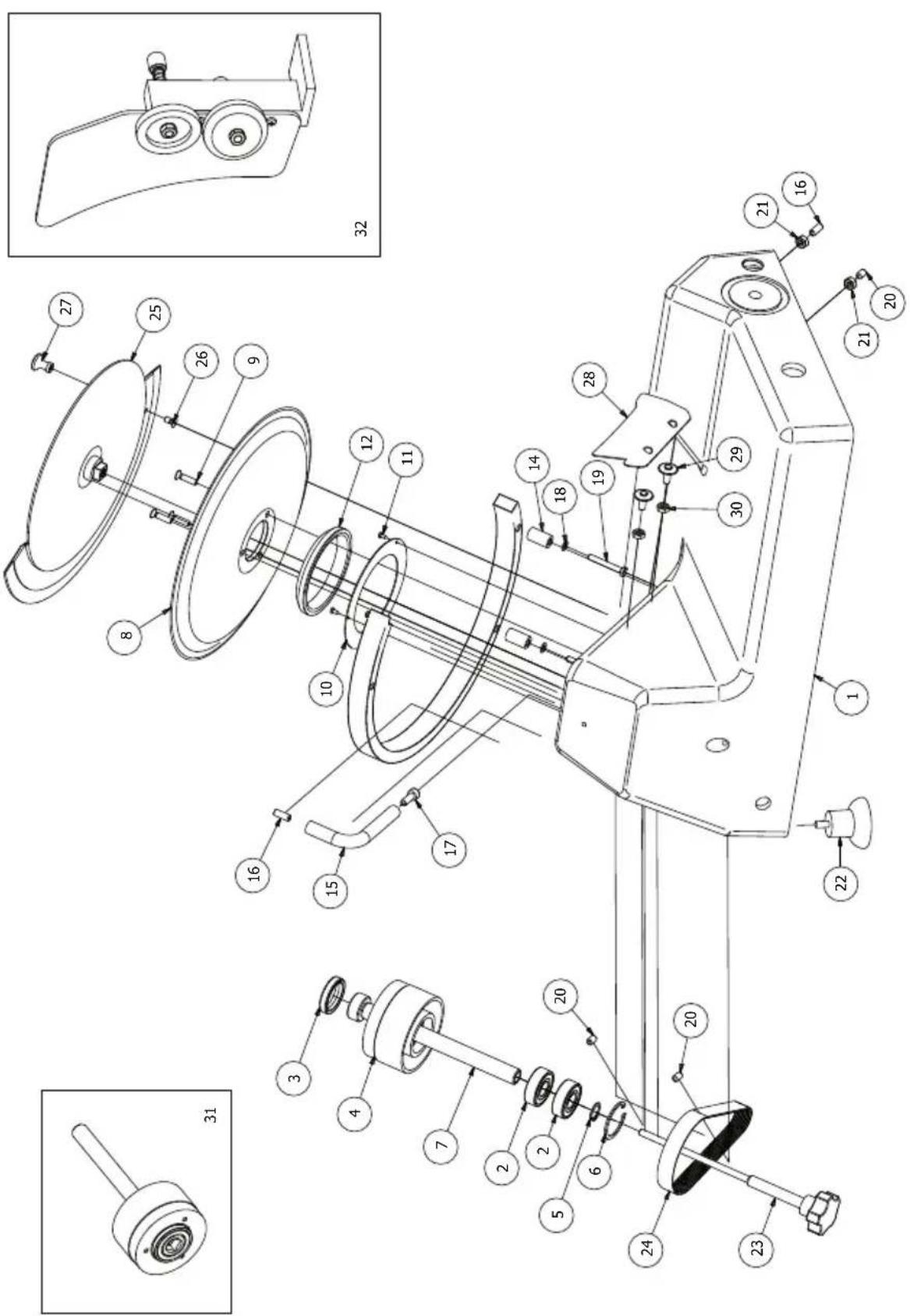 Technical diagram of a mechanical device with numbered components and exploded view, including close-ups of parts 16 and 20.