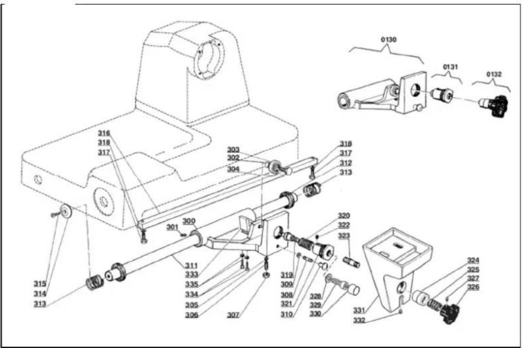 Technical diagram of a mechanical assembly with numbered components and exploded view annotations