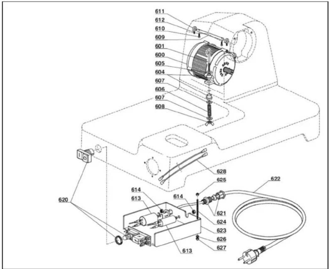 Technical diagram of an electric motor assembly with numbered components and wiring labels