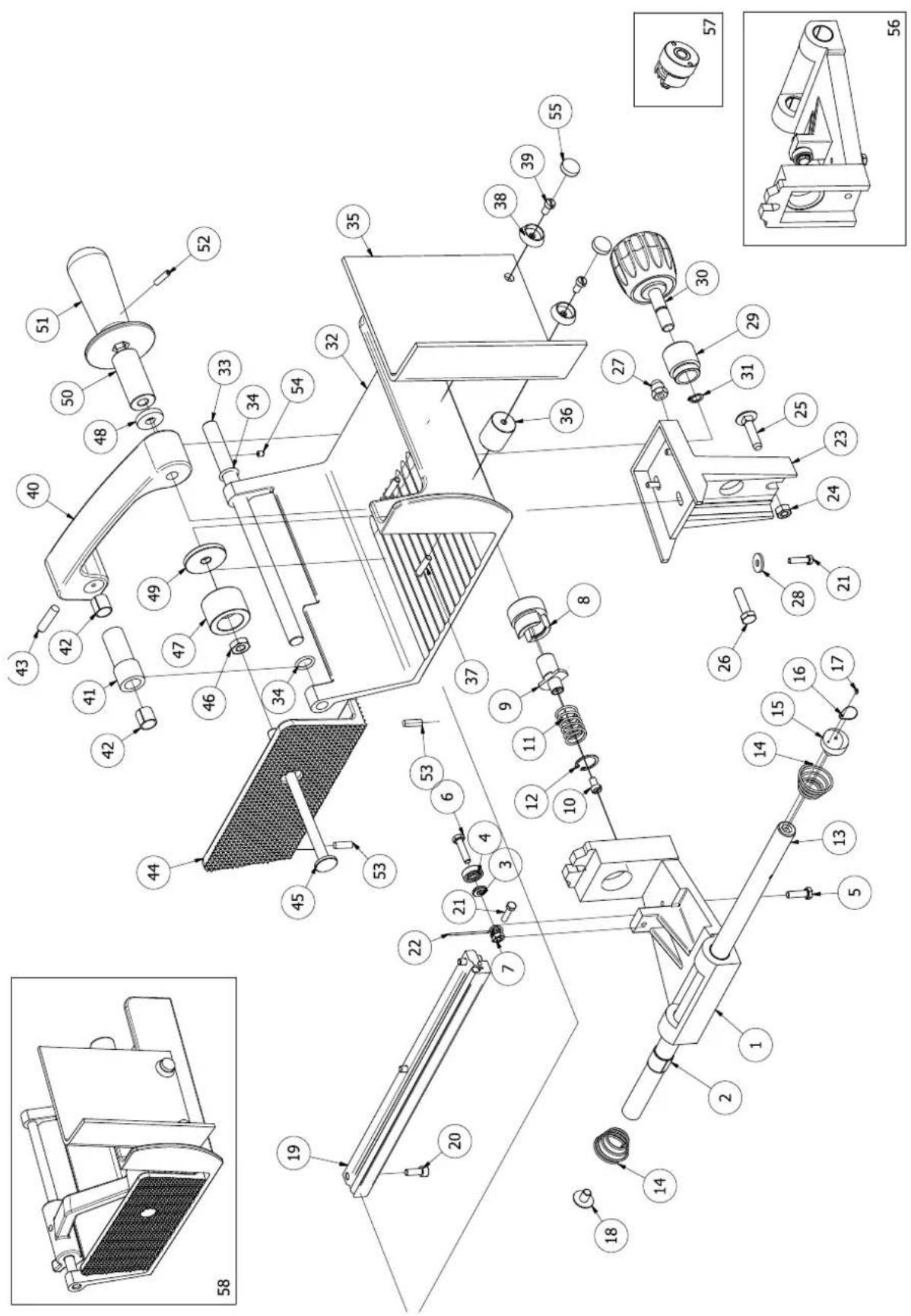 Technical diagram of a mechanical device with numbered components and exploded view, including labeled parts and parts numbered 1 to 58.