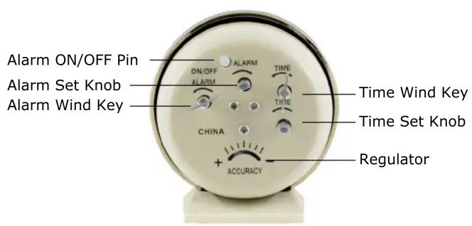 Alarm ON/OFF Pin Alarm Set Knob Alarm Wind Key ON/OFF ALARM TIME CHINA + ACCURACY Regulator Time Wind Key Time Set Knob