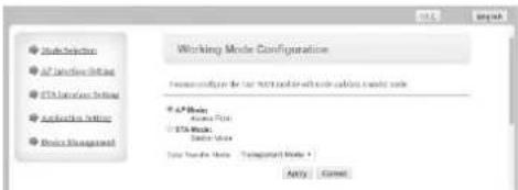 Sub-Selection AP Mode Setting USB Mode Setting Applications Settings Device Management Working Mode Configuration Features configuration for the AP Mode setting with code constants: data code AP Mode Access Point USB Mode Data Value Data Transfer Mode: Transporting Mode + Apply Cancel