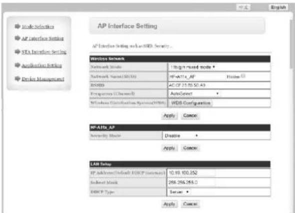 AP Interface Setting AP Interface Setting such as AWD Security... Wireless Network Network Nodes Network Name(1000) BSSDD Programs (Channel) Windows Distribution System(2000) WDS Configuration Apply Cancel NF-A1X_AP Security Node Double Apply Cancel LAN Setup IP address(Default DHCP server) 10.99.100.252 Socket Mask 258.256.255.0 DHCP Type Sense Apply Cancel