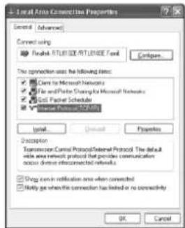 Local Area Connection Properties General (Advanced) Connect using: Findable: HTML/STLENT/HTML/UNICE7.1.0 Configure This option uses the following links: - Client to Microsoft Networks - File and Packet Sharing for Microsoft Networks - List Partner Scheduler - Watch Protocol/Internet Install Unreal Pyramers Description Transmission Control Protocol/Internet Protocol: The default site area network protocol that provides communication access during wireless connections. □ Shog can be replication area when connected □ Notify go when the connection has linked or no connectivity OK Cancel