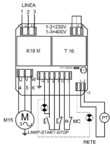 LINEA 1 2 3 L2 L3 1-2=230V 1-3=400V K18 M T 16 F17 500mA U V W 4 5 6 M15 3~ LAMP-START-STOP E E MC PT RETE
