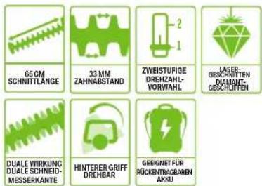 65 CM SCHNITTLANGE 33 MM ZAHNABSTAND 2 ZWEISTUFIGE DREHNZAHL- VORWALH LASER- GESCHRITTEN DIAMOTT- GESCHLEFFEN DUALE WIRKUNG DUALE SCHNEID- MESSERKANTE HINTERER GRIFF DREHBAR GEIGNET FÜR RÜCKENTRAGARBN AKRU