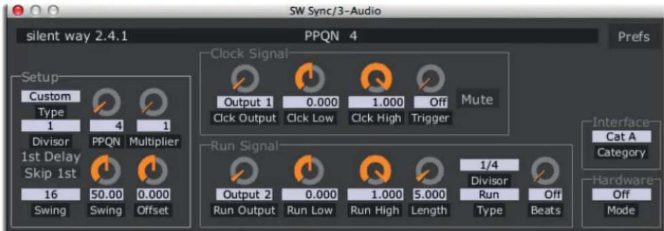 SW Sync/3-Audio silent way 2.4.1 PPQN 4 Prefs Setup Custom Type 1 Divisor 1st Delay Skip 1st 16 Swing Clock Signal Output 1 0.000 1.000 Off Click Output Click Low Click High Trigger Mute Run Signal Output 2 0.000 1.000 5.000 1/4 Divisor Run Off Run Output Run Low Run High Length Type Beats Interface Cat A Category Hardware Off Mode