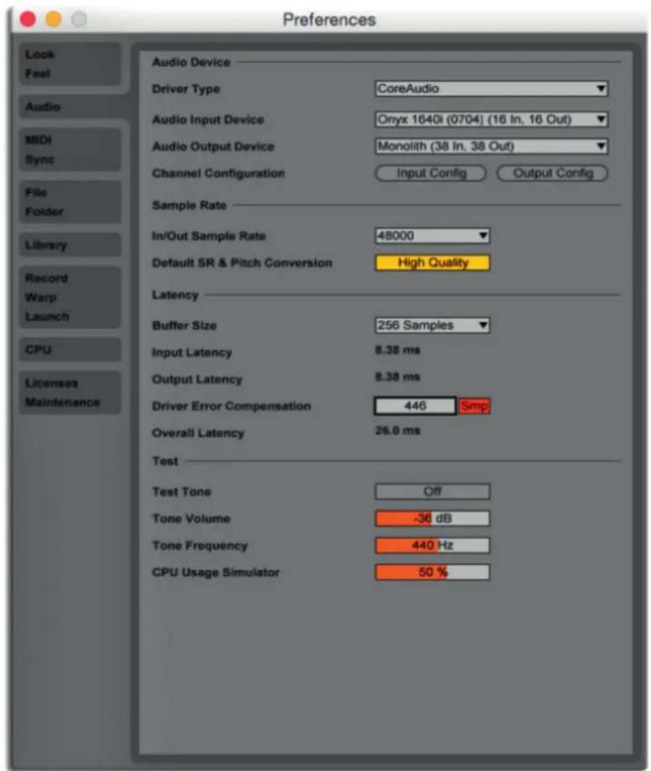 Preferences Audio Device Driver Type CoreAudio Audio Input Device Onyx 1640i (0704) (16 In, 16 Out) Audio Output Device Monolith (38 In, 38 Out) Channel Configuration Input Config Output Config Sample Rate In/Out Sample Rate 48000 Default SR & Pitch Conversion High Quality Latency Buffer Size 256 Samples Input Latency 8.38 ms Output Latency 8.38 ms Driver Error Compensation 446 Smp Overall Latency 26.0 ms Test Test Tone Off Tone Volume -36 dB Tone Frequency 440 Hz CPU Usage Simulator 50 %