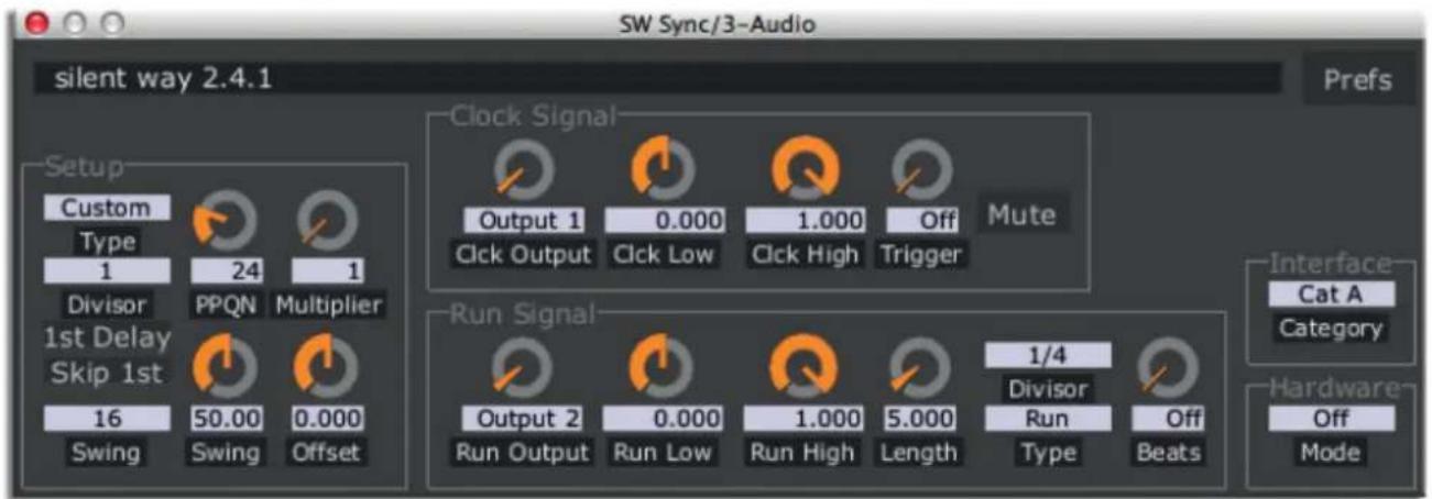 SW Sync/3-Audio silent way 2.4.1 Prefs Setup Custom Type 1 Divisor PPQN Multiplier 1st Delay Skip 1st 16 Swing Swing Offset Clock Signal Output 1 0.000 1.000 Off Click Output Click Low Click High Trigger Mute Run Signal Output 2 0.000 1.000 5.000 1/4 Divisor Run Off Run Output Run Low Run High Length Type Beats Interface Cat A Category Hardware Off Mode