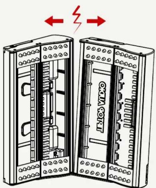 Diagram showing two electrical cabinet layouts with labeled components and red arrows indicating charging direction.