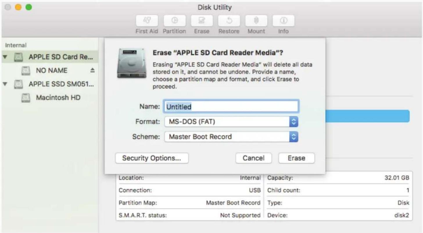 Disk Utility First Aid Partition Erase Restore Mount Info Internal APPLE SD Card Re... NO NAME APPLE SSD SM051... Macintosh HD Erase "APPLE SD Card Reader Media"? Erasing "APPLE SD Card Reader Media" will delete all data stored on it, and cannot be undone. Provide a name, choose a partition map and format, and click Erase to proceed. Name: Untitled Format: MS-DOS (FAT) Scheme: Master Boot Record Security Options... Cancel Erase Location: Internal Capacity: 32.01 GB Connection: USB Child count: 1 Partition Map: Master Boot Record Type: Disk S.M.A.R.T. status: Not Supported Device: disk2
