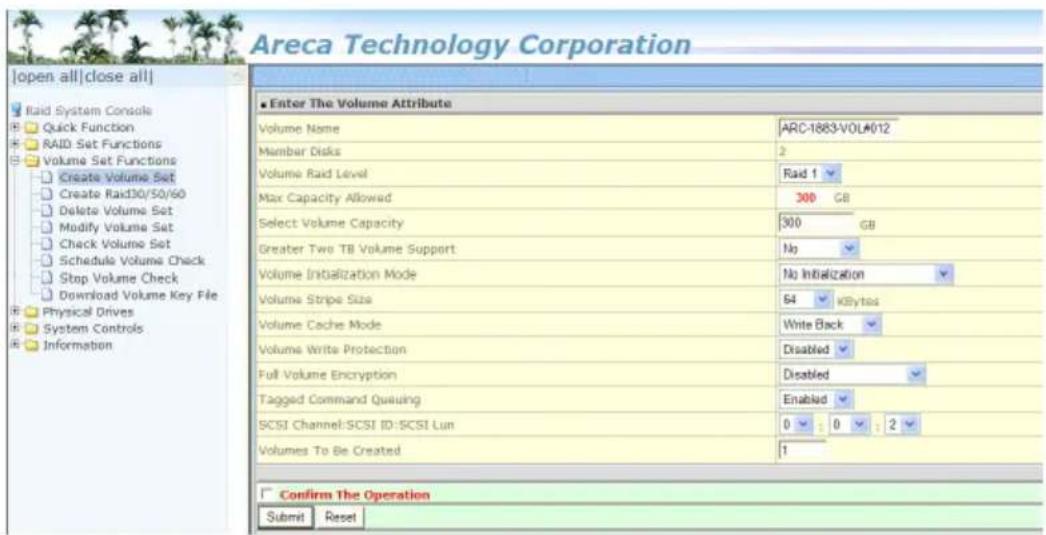 Areca Technology Corporation [open all|close all] Raid System Console Quick Function RAID Set Functions Volume Set Functions Create Volume Set Create Rad30/50/60 Delete Volume Set Modify Volume Set Check Volume Set Schedule Volume Check Stop Volume Check Download Volume Key File Physical Drives Syst…