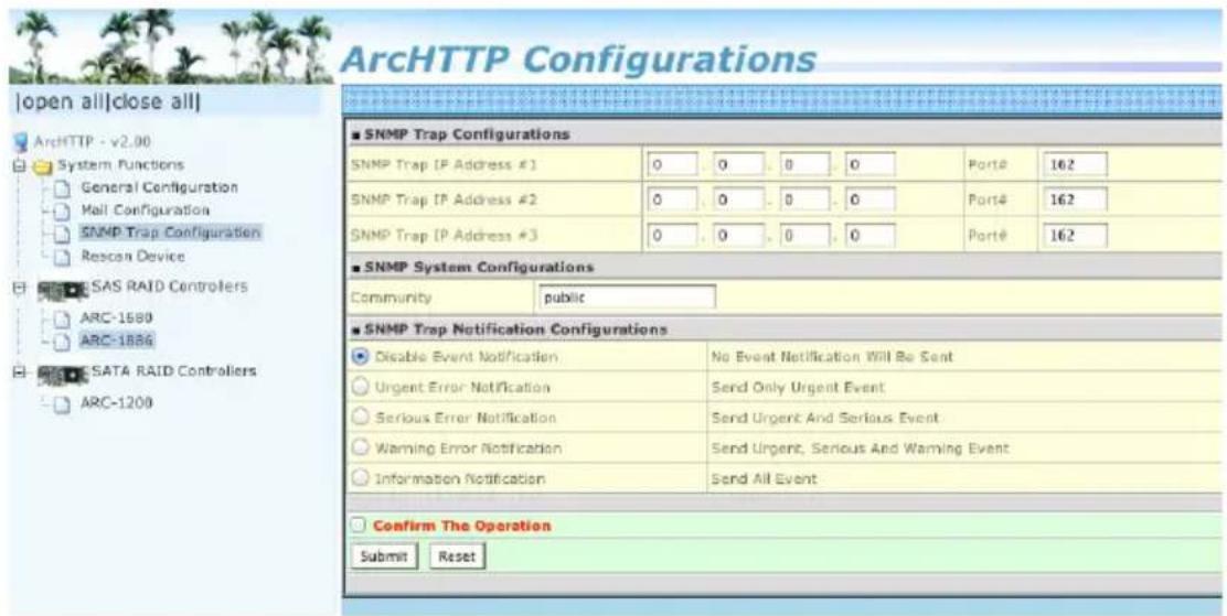 ArchHTTP Configurations [open all|close all] ArchHTTP - v2.00 System Functions General Configuration Mail Configuration SNMP Trap Configuration Rescan Device SAS RAID Controllers ARC-1580 ARC-1886 SATA RAID Controllers ARC-1200 SNMP Trap Configurations SNMP Trap (P Address #1) 0 0 0 0 Port# 162 SNMP…