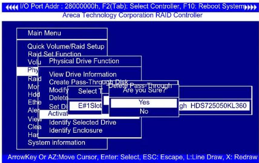 I/O Port Addr : 28000000h, F2(Tab): Select Controller, F10: Reboot System Areca Technology Corporation RAID Controller Main Menu Quick Volume/Raid Setup Raid Set Function Volu Physical Drive Function Phy View Drive Information Raid Create Pass-Through Disk Mor Modify Select T Delete Pass-Through Hdd…