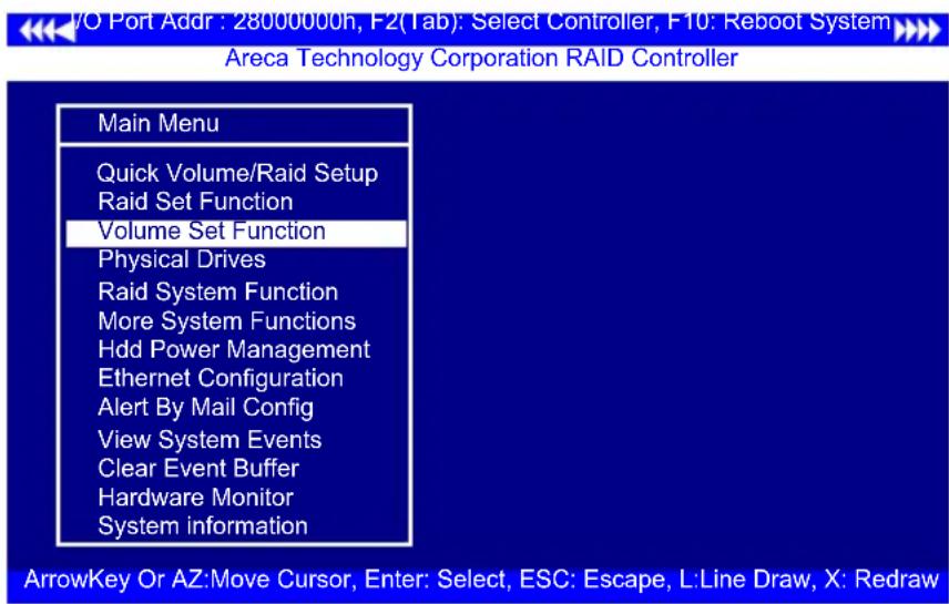 UO Port Addr : 28000000h, F2(Tab): Select Controller, F10: Reboot System >> Areca Technology Corporation RAID Controller Main Menu Quick Volume/Raid Setup Raid Set Function Volume Set Function Physical Drives Raid System Function More System Functions Hdd Power Management Ethernet Configuration Aler…