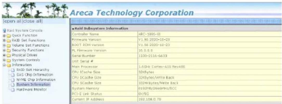 Areca Technology Corporation [open all] [close all] Raid System Consols Quick Function RAID Set Functions Volume Set Functions Security Functions Physical Drives System Controls Information RAID Set Hierarchy SAS Chip Information NVME Chip Information System Information Hardware Monitor ■Raid Subsys…