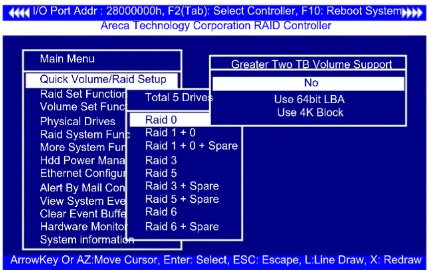 I/O Port Addr : 28000000h, F2(Tab): Select Controller, F10: Reboot System Areca Technology Corporation RAID Controller Main Menu Quick Volume/Raid Setup Raid Set Function Total 5 Drives Volume Set Func Physical Drives Raid 0 Raid System Func Raid 1 + 0 More System Func Raid 1 + 0 + Spare Hdd Power M…