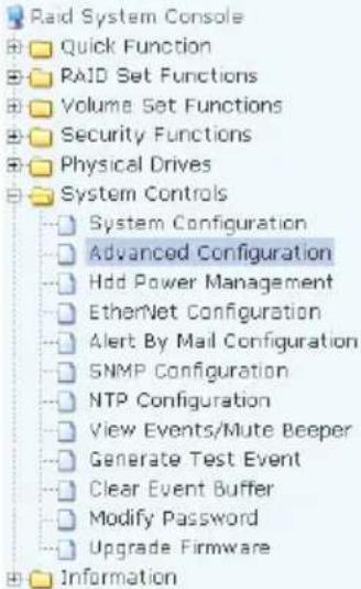 Raid System Console Quick Function RAID Set Functions Volume Set Functions Security Functions Physical Drives System Controls System Configuration Advanced Configuration Hdd Power Management EtherNet Configuration Alert By Mail Configuration SNMP Configuration NTP Configuration View Events/Mute Beep…