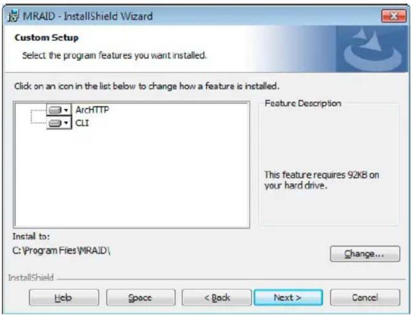 MRAID - InstallShield Wizard Custom Setup Select the program features you want installed. Click on an icon in the list below to change how a feature is installed. ArchHTTP CLI Feature Description This feature requires 92KB on your hard drive. Install to: C:\Program Files\MRAID\ Change... InstallShie…