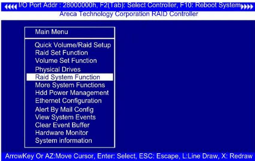 I/O Port Addr : 28000000h, F2(Tab): Select Controller, F10: Reboot System Areca Technology Corporation RAID Controller Main Menu Quick Volume/Raid Setup Raid Set Function Volume Set Function Physical Drives Raid System Function More System Functions Hdd Power Management Ethernet Configuration Alert…