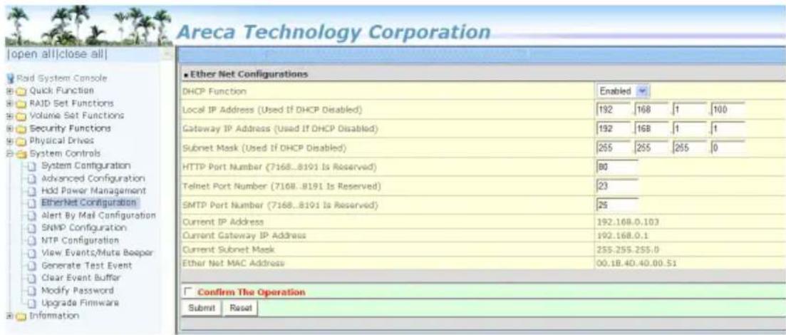 Areca Technology Corporation Open all|close all| Raid System Console Quick Function RAID Set Functions Volume Set Functions Security Functions Physical Drives System Controls System Configuration Advanced Configuration Hold Power Management EtherNet Configuration Alert By Mail Configuration SNMP Con…
