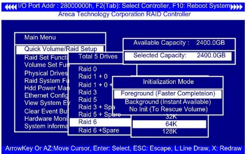 I/O Port Addr : 28000000h, F2(Tab): Select Controller, F10: Reboot System Areca Technology Corporation RAID Controller Main Menu Quick Volume/Raid Setup Raid Set Function Total 5 Drives Volume Set Fun Physical Drives Raid 0 Raid 1 + 0 Raid 1 + 0 + Hdd Power Man Raid 3 Ethernet Config Raid 5 View Sys…