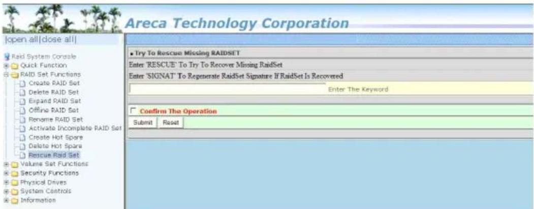 Areca Technology Corporation | open all | close all | Raid System Console Quick Function RAID Set Functions Create RAID Set Delete RAID Set Expand RAID Set Offline RAID Set Rename RAID Set Activate Incomplete RAID Set Create Hot Spare Delete Hot Spare Rescue Raid Set Volume Set Functions Security Fu…