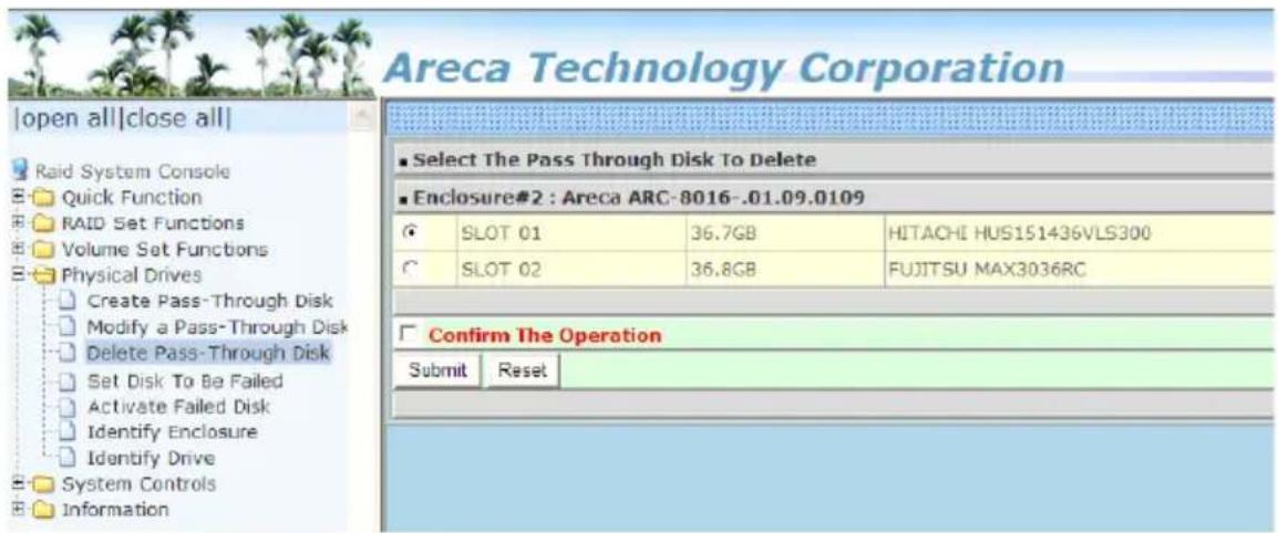 Areca Technology Corporation |open all|close all| Raid System Console Quick Function RAID Set Functions Volume Set Functions Physical Drives Create Pass-Through Disk Modify a Pass-Through Disk Delete Pass-Through Disk Set Disk To Be Failed Activate Failed Disk Identify Enclosure Identify Drive Syste…