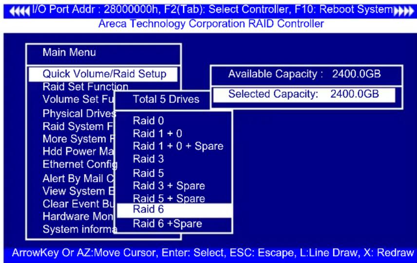 I/O Port Addr : 28000000h, F2(Tab): Select Controller, F10: Reboot System Areca Technology Corporation RAID Controller Main Menu Quick Volume/Raid Setup Raid Set Function Volume Set Fu Total 5 Drives Physical Drives Raid System F Raid 0 More System P Raid 1 + 0 Hdd Power Ma Raid 1 + 0 + Spare Ethern…